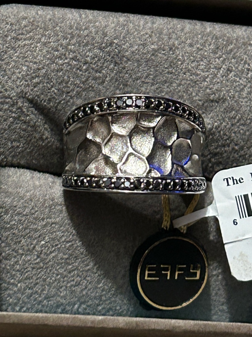 Effy Sterling Silver  Hammered Heavy Band Ring with Black Diamonds